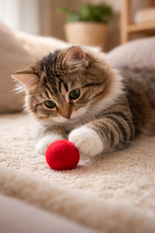 Katze spielt mit Filzball